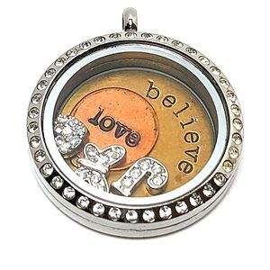 Origami Owl Crystal locket with Believe and Love plates and 3 crystal charms